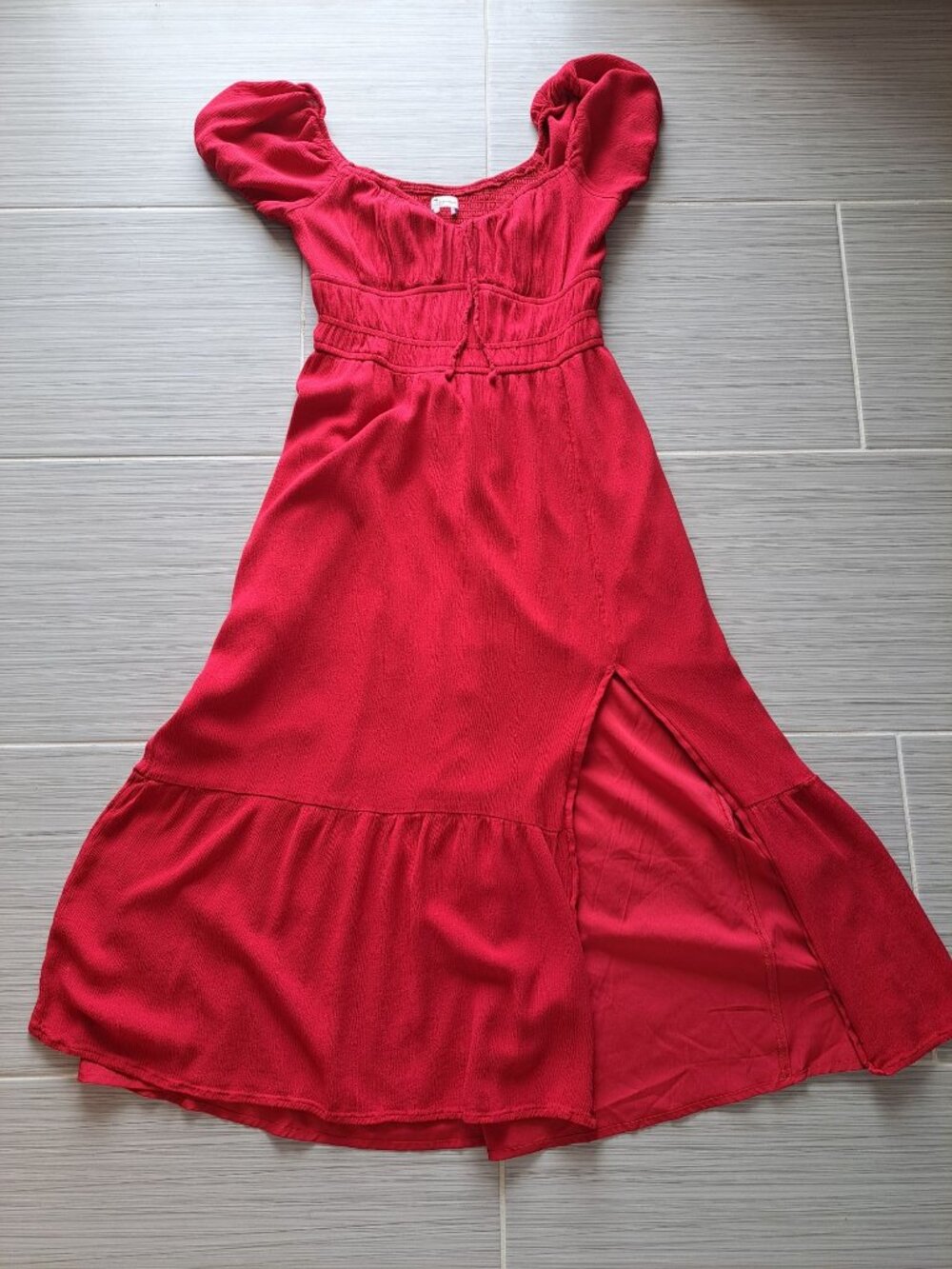 Y2K Hollister Babydoll Red Smocked Midi Dress Milkmaid Puff Sleeve Medium - Picture 7 of 11